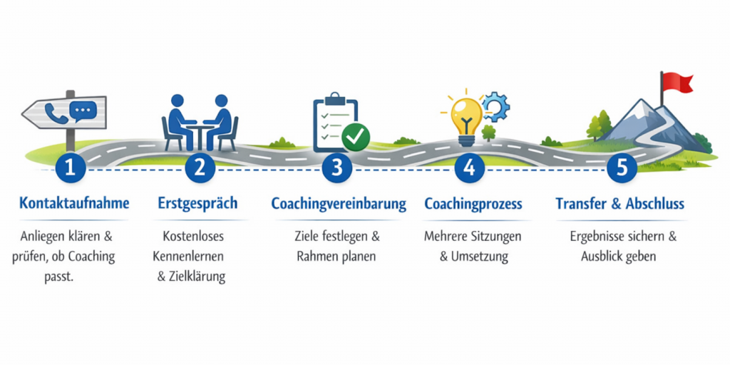 Illustration eines linearen Coaching-Prozesses mit fünf Schritten – von der Auftragsklärung bis zur Zielüberprüfung.